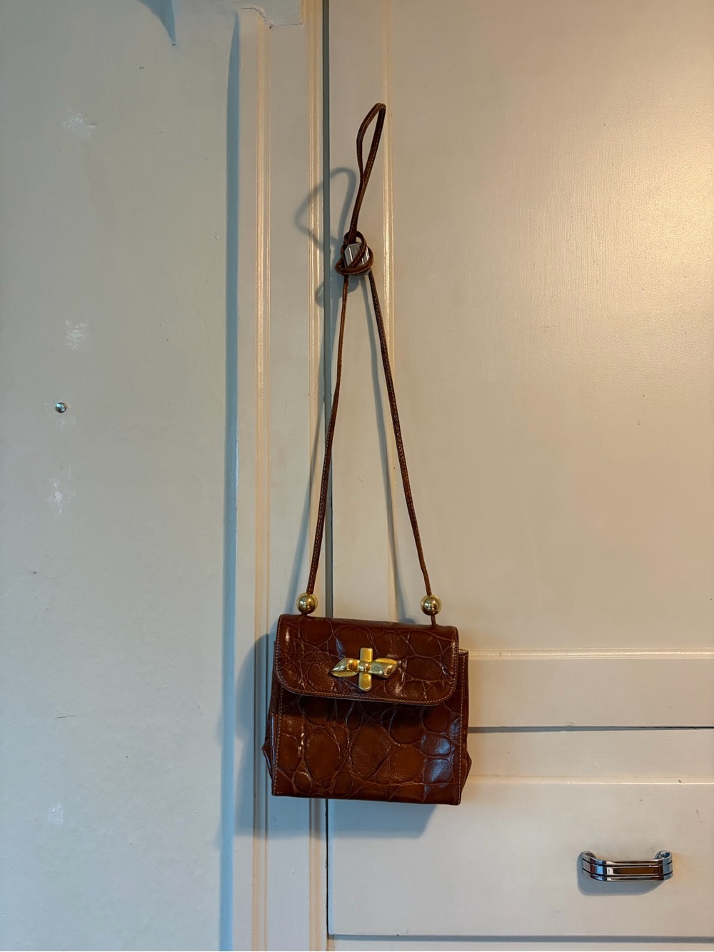 Brown Croc-Embossed Leather Crossbody Bag with Gold Hardware